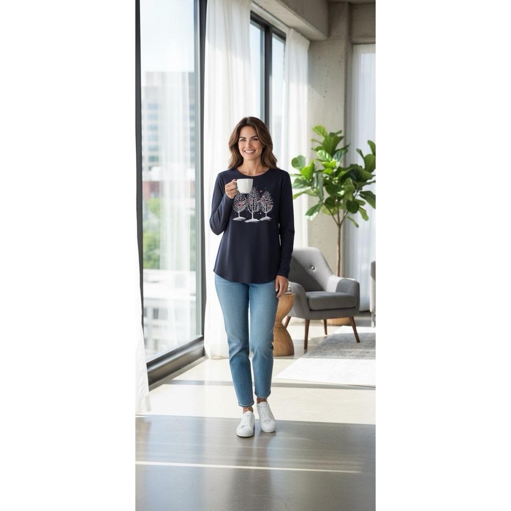 Holiday Time Womens Navy Blue Cardinal Winter Tree Graphic Tee XL Christmas